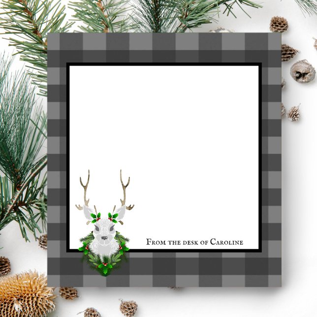 Bloco De Notas Reindeer Festivo Buffalo Xadrez Personalizada (Gray Festive Reindeer Buffalo Plaid Personalized Notepad)