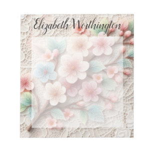 Bloco De Notas Renda monograma floral rosa pastel flor de cerejei