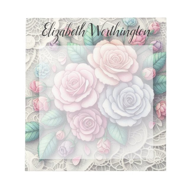 Bloco De Notas Renda monograma floral rosas rosa roxo azul (Frente)