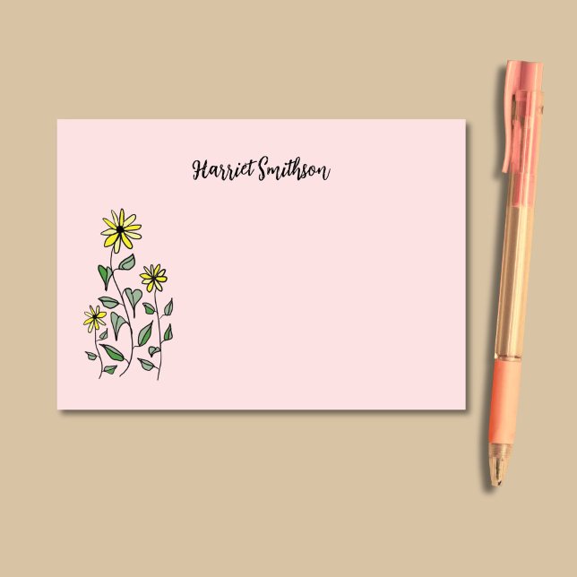 Bloco De Notas Retro Wildflowers Personalized Pink Botanical (On this girly Post-It notes pad, yellow wildflowers pop against a background of soft petal pink.)