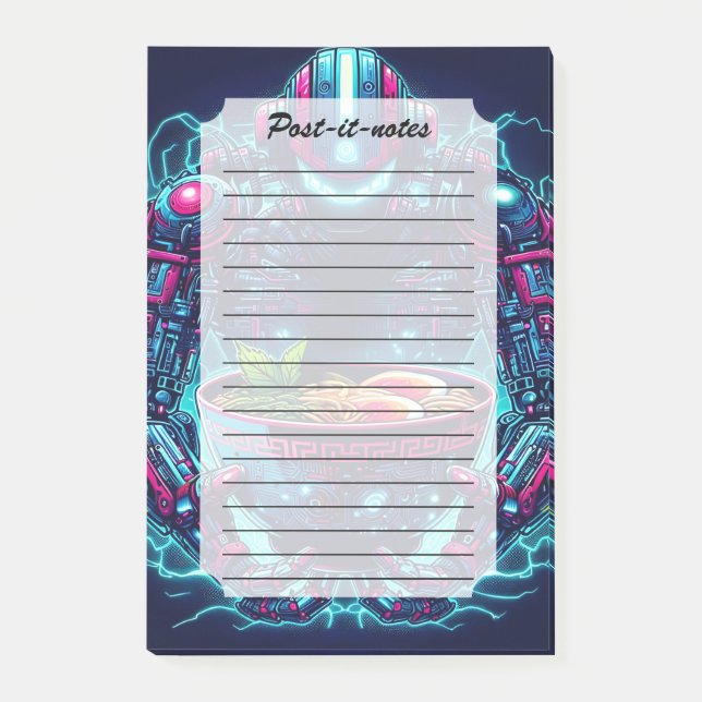 Bloco De Notas Robô Futurista Ciberpunk Neon Comida Ramen (Frente)