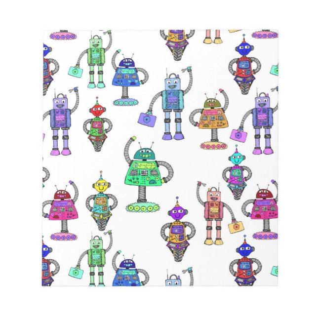 Bloco De Notas Robôs giros coloridos em fundo branco (Frente)