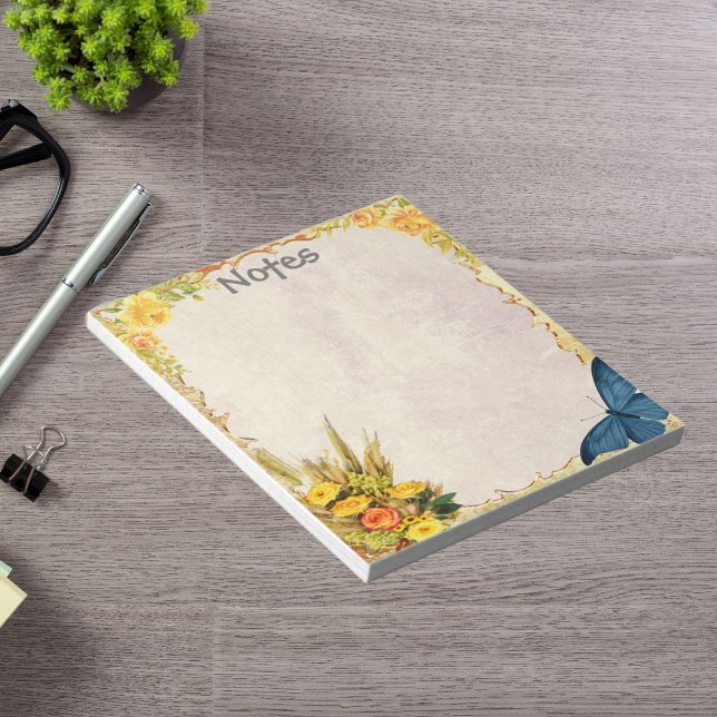 Bloco De Notas Rosa Amarela e Borboleta Azul Pequena Personalizad (Yellow Rose and Blue Butterfly Small Personalized Notepad)