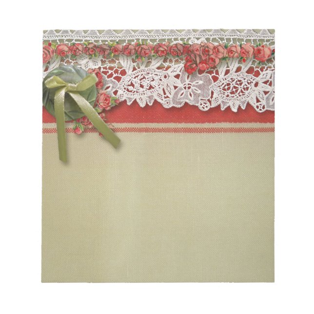Bloco De Notas Rosa Antiga Renda Rustico Vermelho Burlap Vitorian (Frente)