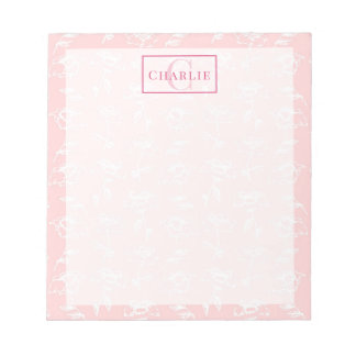 Bloco De Notas Rosa Desbotado Floral Branco, Monograma Personaliz