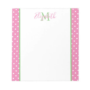 Bloco De Notas Rosa e Branco de Bolinhas com Monograma Verde
