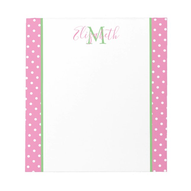 Bloco De Notas Rosa e Branco de Bolinhas com Monograma Verde (Frente)