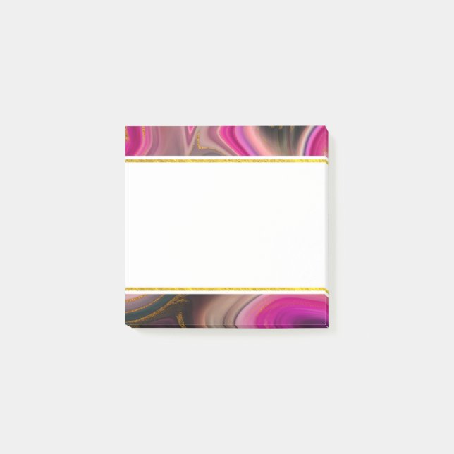 Bloco De Notas Rosa e Preto Abstrato com Redemoinhos Dourados (Frente)