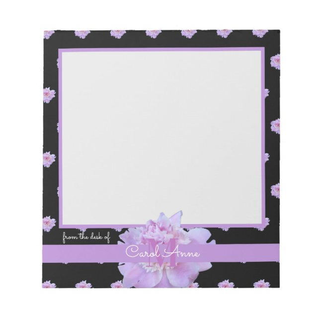 Bloco De Notas Rosa Púrpura Monograma Floral Preto (Frente)