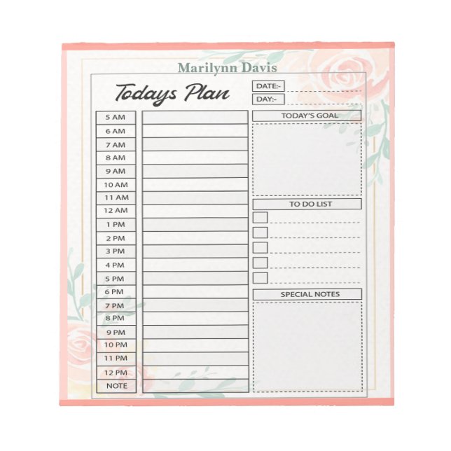 Bloco De Notas Rosas cor-de-rosa plano personalizado do dia (Frente)