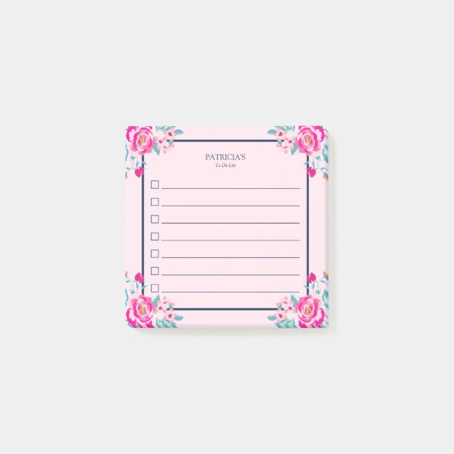 Bloco De Notas Rosas Cor-de-Rosa Vibrantes Em Nome Personalizado  (Frente)