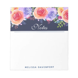 Bloco De Notas Rosas de Aquarela Moderna Buquê Floral Limite Azul