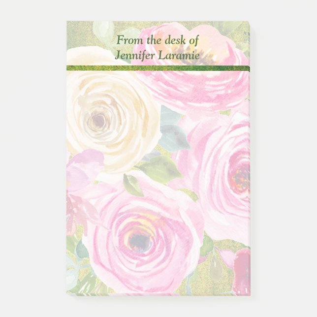Bloco De Notas Rosas de aquarelas em rosa e creme (Frente)