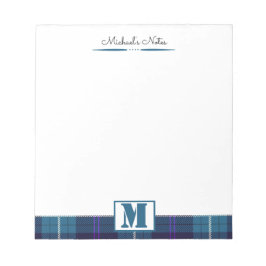 Bloco De Notas Rótulo de Celadon Azul Xadrez Tartan Monograma Per