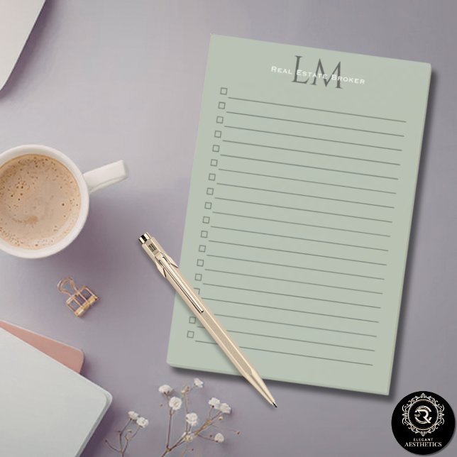 Bloco De Notas Sage Verde Clássico Estilo de Escritório Monograma (Classic Sage Green Monogram Office Style Post-it Notes)