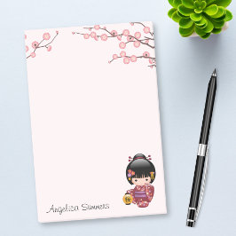 Bloco De Notas Sakura Kokeshi Doll Cute Geisha Girl Rosa