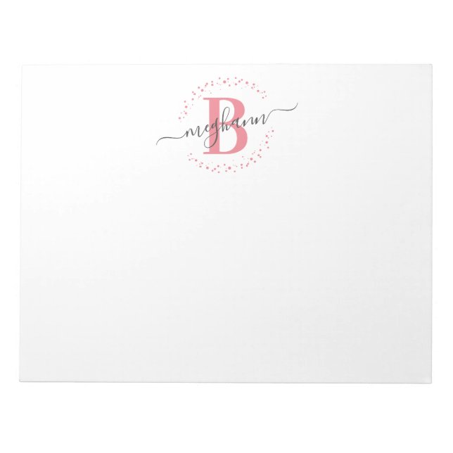 Bloco De Notas Script de Nome Rosa Branco Girly Modern Monograma (Frente)
