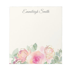 Bloco De Notas Script Elegante de Verde Floral Rosa Personalizado