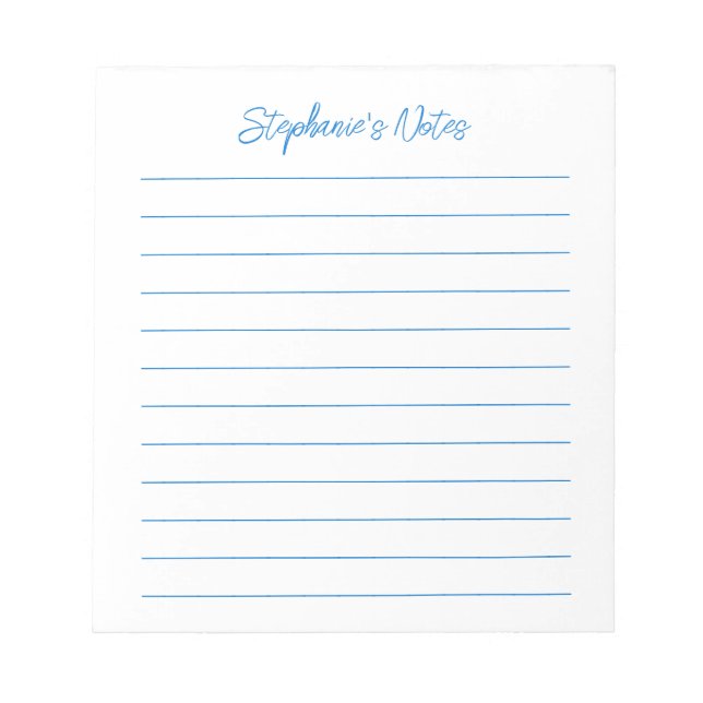 Bloco De Notas Script Elegante Personalizado Azul Linhado (Frente)