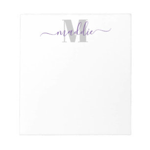 Bloco De Notas Script Monograma de Garota Fashion, Roxo e Cinza