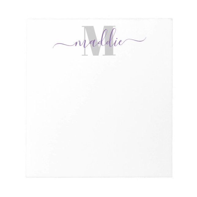 Bloco De Notas Script Monograma de Garota Fashion, Roxo e Cinza (Frente)