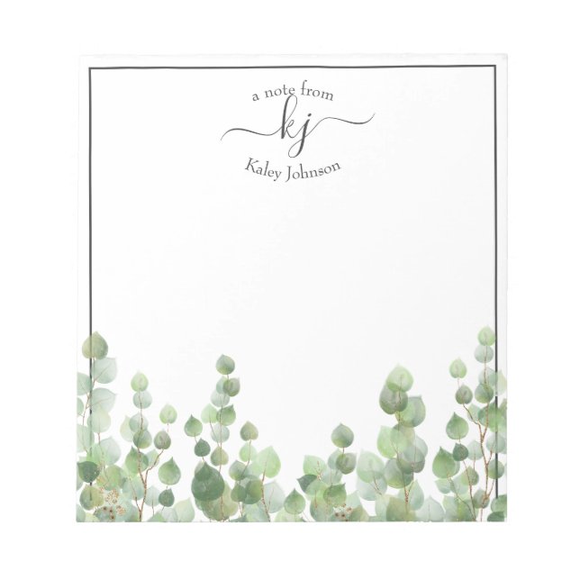 Bloco De Notas Script Monograma Greenery | Da Mesa Do Notep (Frente)