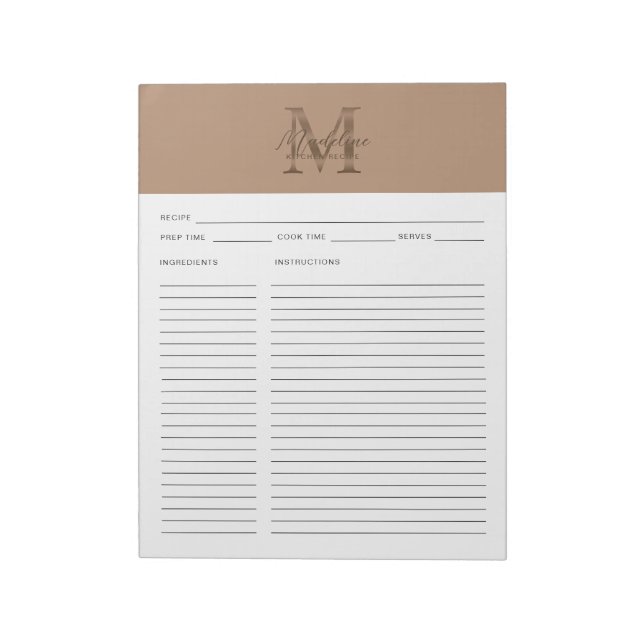 Bloco De Notas Script Taupe Metallic Gold Monogram Recipe (Invertido)