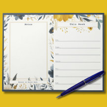 Bloco de Notas Semanal Floral Azul Marinho e Doura