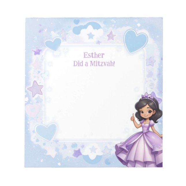 Bloco De Notas Sephardi Princesa Azul Roxo Personalizado Mitzvah (Frente)