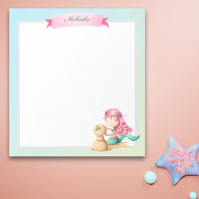 Bloco De Notas Sereia pastel personalizada com cabelo cor-de-rosa (Criador carregado)