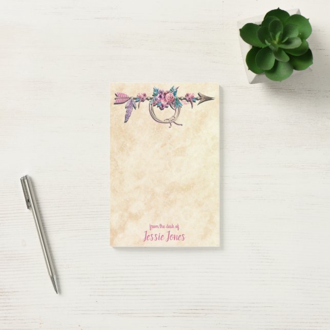 Bloco De Notas Seta com Penas e Flores Notas de Posto (Escritótio)