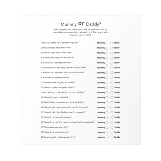 Bloco De Notas Sexo Universal Chá de fraldas Neutro Mãe ou Pai (Frente)