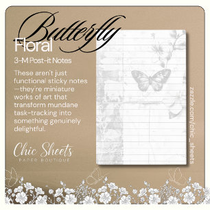 Bloco De Notas Shabby Chic Preto e Branco Borboleta Floral 3M