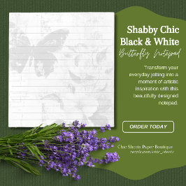 Bloco De Notas Shabby Chic Preto e Branco Borboleta Floral Linado
