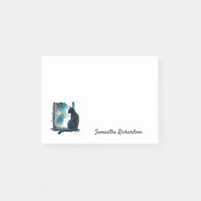 Bloco De Notas Silhueta de Gato Preto Lua em Aquarela (Frente)