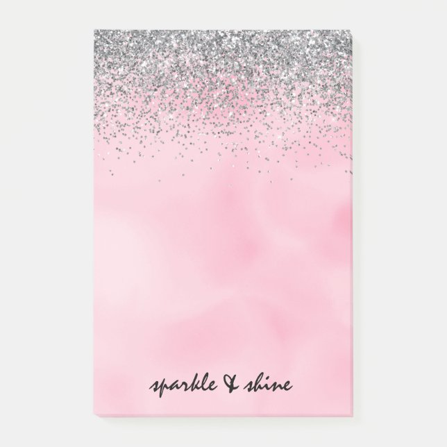 Bloco De Notas Silver Sparkle Glitter Cor de Água Rosa (Frente)