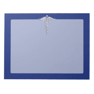 Bloco De Notas Símbolo Médico de Cromo Silver Caduceus em Azul 