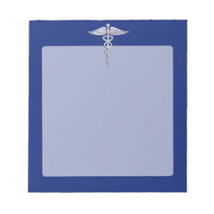 Bloco De Notas Símbolo Médico de Cromo Silver Caduceus em Azul Ma