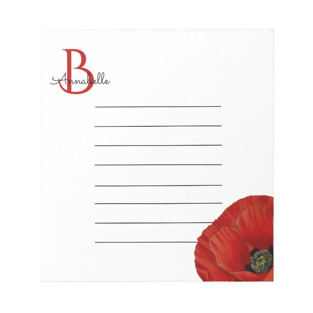 Bloco De Notas Símbolo Monogramado Simples com Papoula Vermelha B (Frente)