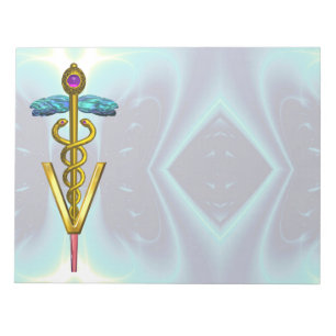 Bloco De Notas SÍMBOLO VETERINÁRIO do CADUCEUS DOURADO, azul da