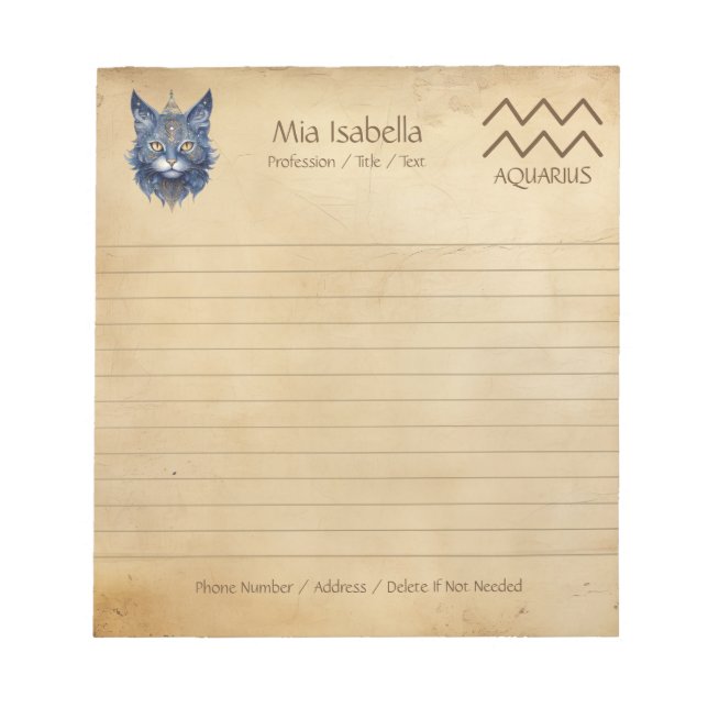 Bloco De Notas Símbolo Zodiac Aquarius & Celestial Cat Notepad (Frente)