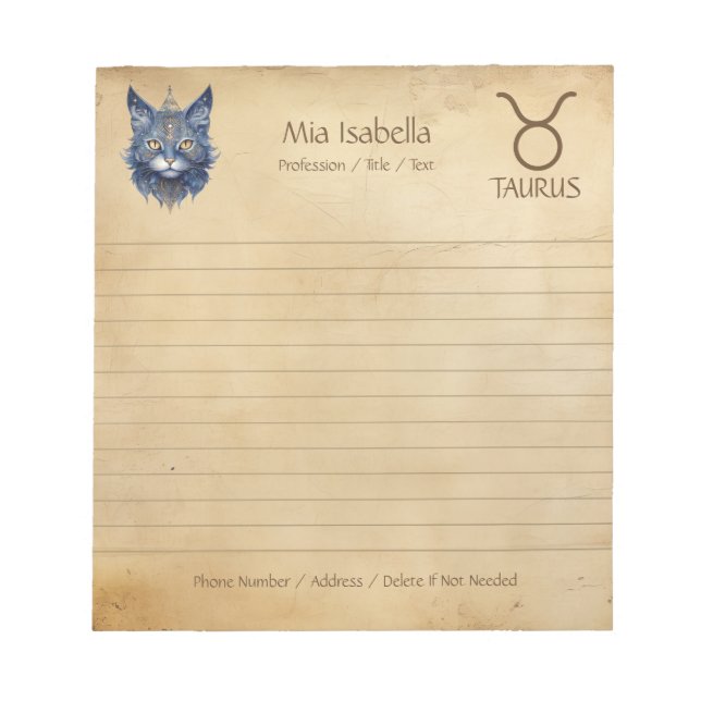 Bloco De Notas Símbolo Zodiac Taurus & Celestial Cat Notepad (Frente)