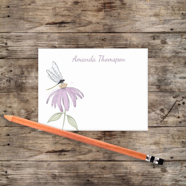 Bloco De Notas Simple Watercolor Botanical Custom Name (Purple cone flower and dragonfly custom post it notes. )