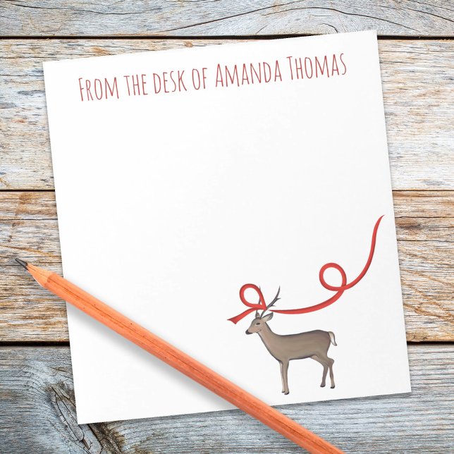 Bloco De Notas Simples Elegante Reindeer Ribbon Moderno Natal (Woodland deer with red ribbon whimsical winter holiday notepad)