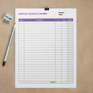 Bloco De Notas Simples Planejador de Orçamento Mensal Roxo