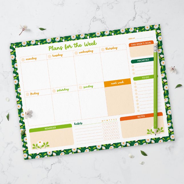 Bloco De Notas Spring Daisies & Vine Weekly Monday Start Planner (Criador carregado)