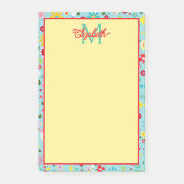 Bloco De Notas Spring Flowers on Aqua Blue Monogram