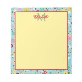Bloco De Notas Spring Flowers on Aqua Blue Monogram