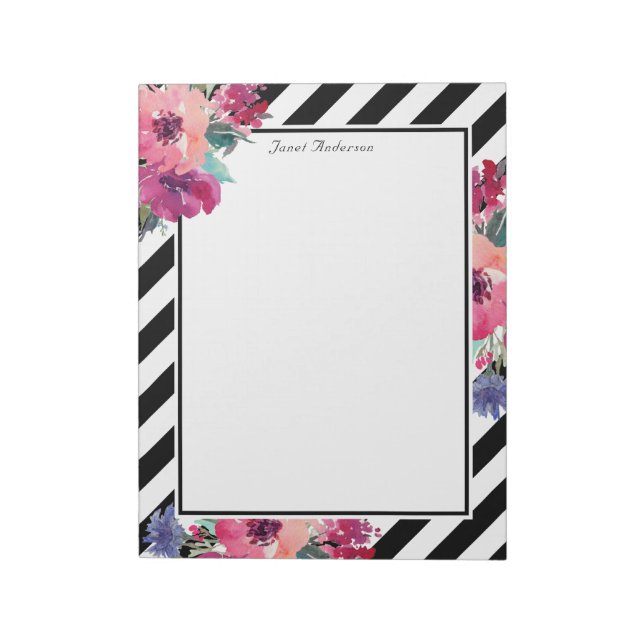 Bloco De Notas Stripes e padrão floral com seu nome (Invertido)