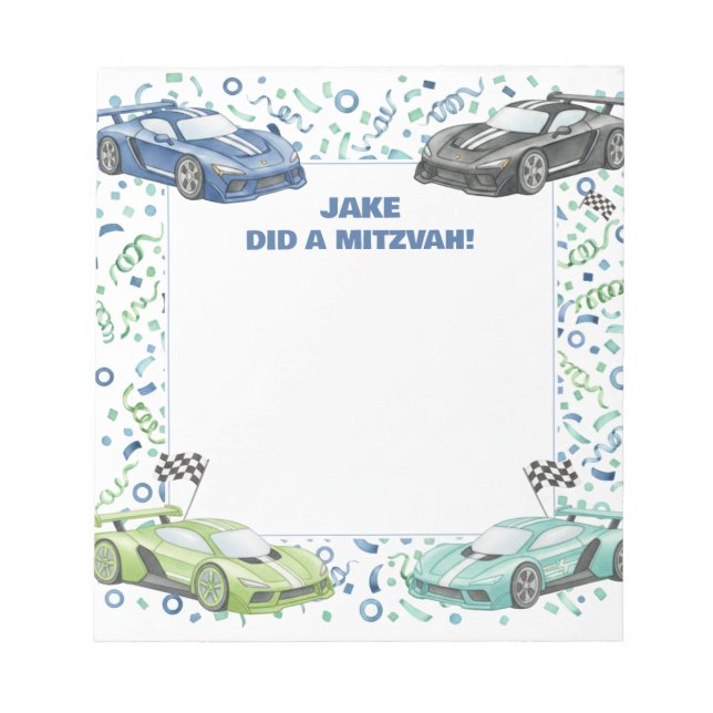 Bloco De Notas Super-carro personalizado Mitzvah, carro verde azu (Frente)
